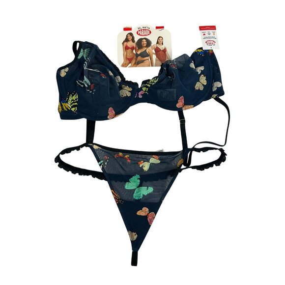 Parade Butterfly Print Lingerie Set Mesh Bra Thong Medium Plus Supportive - Picture 1 of 8